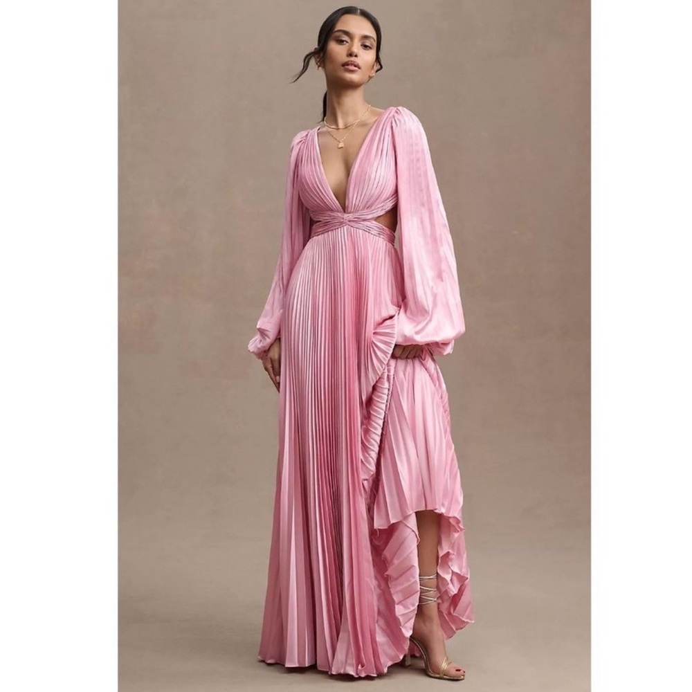 Mac Duggal Long Sleeve Pleated Charmeuse Cut Out Gown NWT